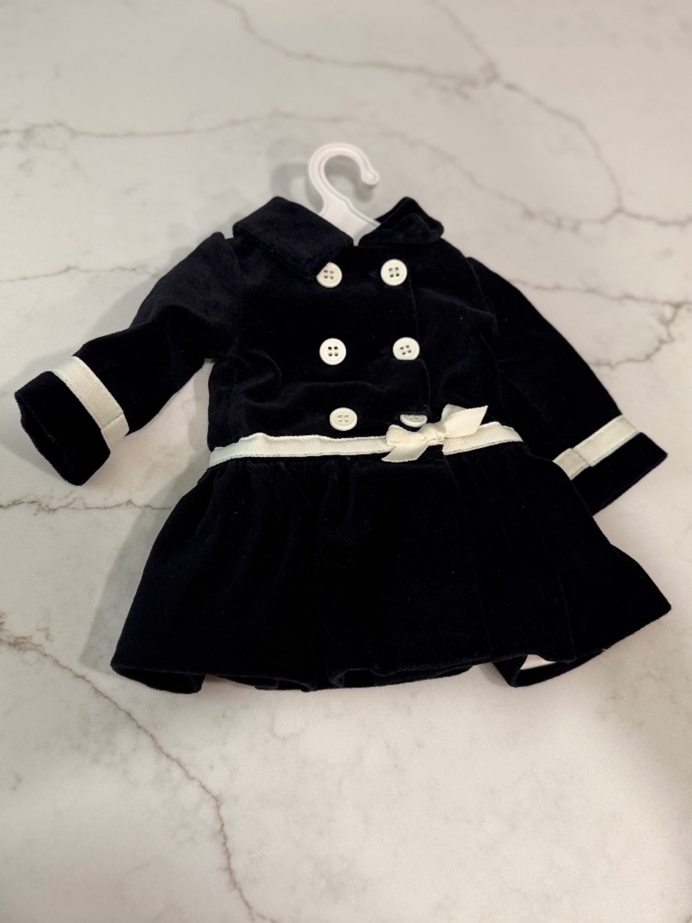 American Girl Just Like You Black Velveteen Button Coat – White Ribbon Detail (R
